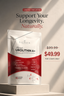 A stand-up pouch of Glenvia Urolithin A+ supplements displayed on a pedestal against a warm beige background with dramatic diagonal shadows. The package is white with a bold red lower section and black text.