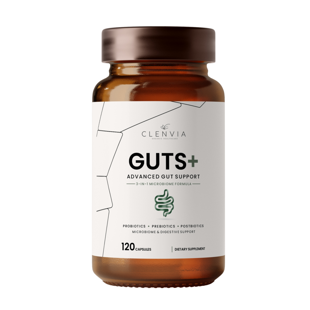 Clenvia Guts+ – 3-in-1 Probiotic, Prebiotic & Postbiotic Gut Support – 120 Capsules