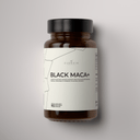 Brown supplement bottle labeled 'Black Maca+' by Clenvia on a gray background