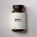 Brown supplement bottle labeled 'DIM+' with a white label on a gray background
