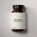 Brown supplement bottle labeled 'Immune+' by Clenvia on a gray background